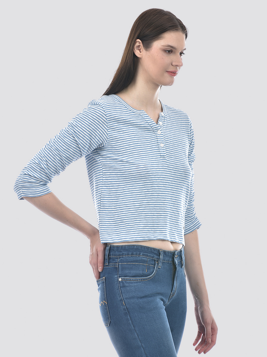 Numero Uno Women Blue & White Striped Henley T-Shirt